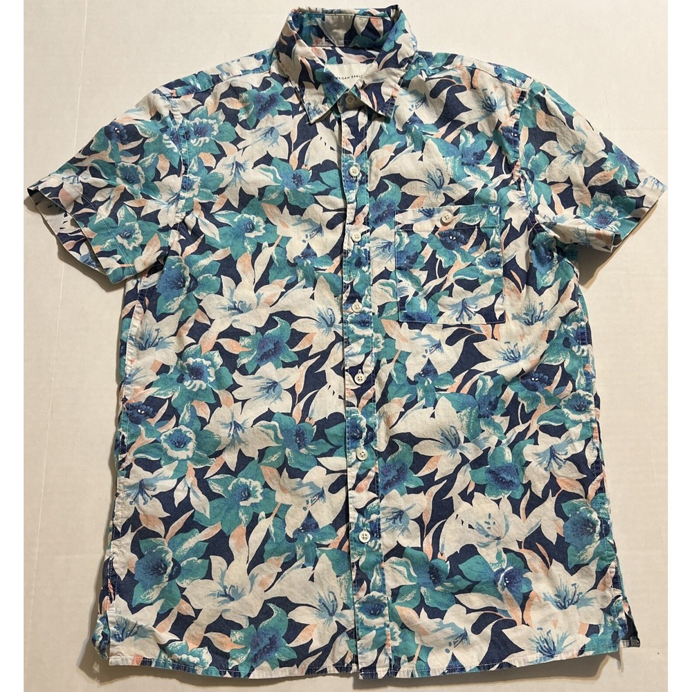 American Eagle AE Short Sleeve Button Up Shirt Floral Hawaiian Print Men's SMALL